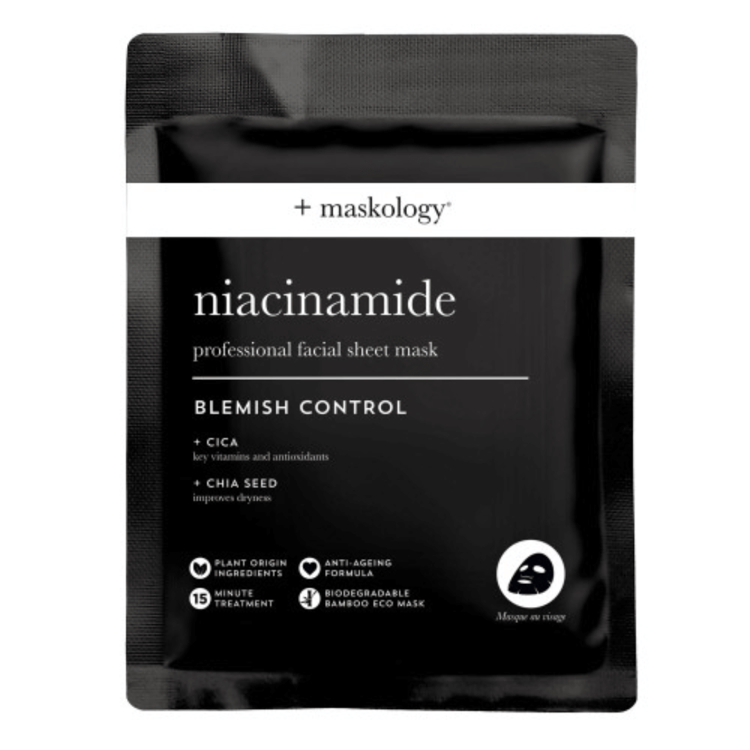 Lakštinė veido kaukė su niacinamidu problematinei odai NIACINAMIDE | +Maskology | MISIJA ODA