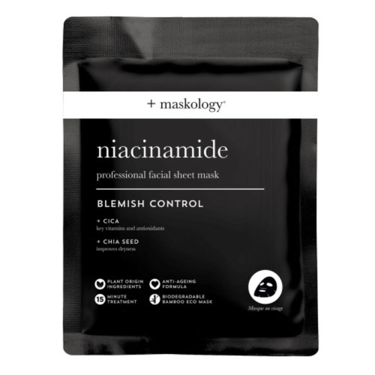 Lakštinė veido kaukė su niacinamidu problematinei odai NIACINAMIDE | +Maskology | MISIJA ODA